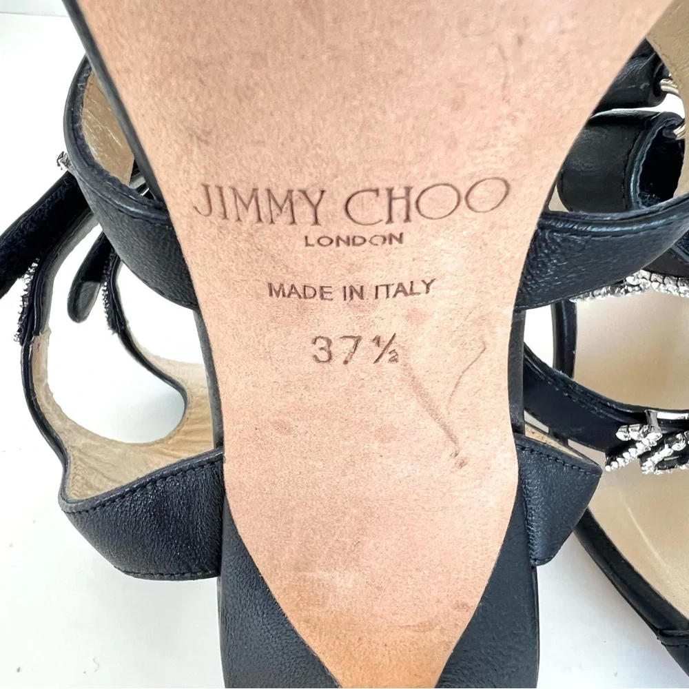 JIMMY CHOO x Ashley Williams Black Leather Crystal 100% Heel Sandals Sz 37.5